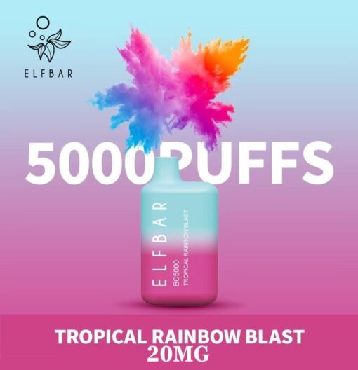 Tropical Rainbow Blast By ELFBAR 5000 Puffs Disposable 20mg Tropical Rainbow Blast By ELFBAR Disposable vapes are far superior to the Elf Bar disposables of the past. Due to their massive vape juice tanks and rechargeable batteries, most vapers get at least one week of use out of a single disposable vape. All 12 Elf bar vape flavors are prefilled with premium e-Liquid that has a 50mg nicotine strength.